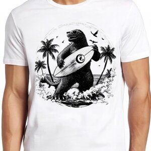 Funny Surfing Dinosaur Graphic T-Shirt Size L | Cool Surf Monster Beach Tee
